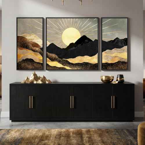 Extra Large Framed Black Gold Boho Wall Art for Living Room (3 Count)