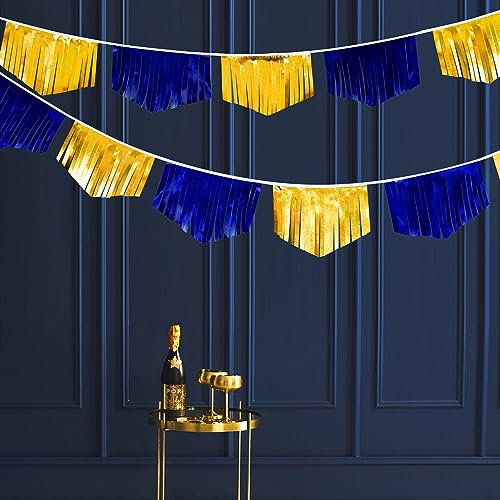 Royal Blue Gold Tassel Banner Metallic Fabric Pennant Bunting Flag for Graduation Retirement Bachelorette Birthday Engagement Wedding Bridal Shower Nautical Ahoy Achor Party Decorations Supplies (18 Count)