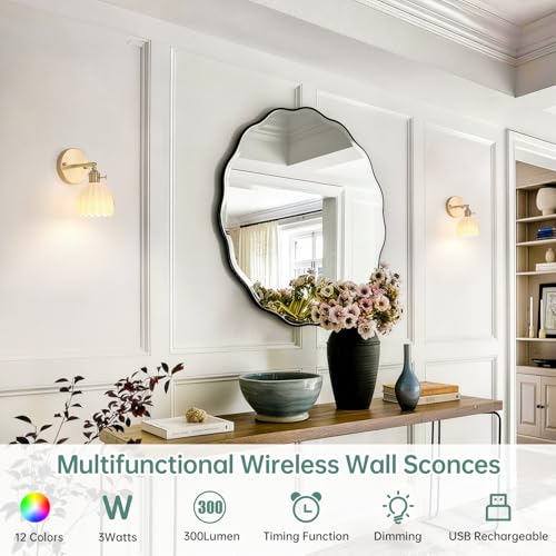 Vintage Battery Operated Wall Sconce with White Tulip Glass Lampshade Rechargeable Battery Powered Wall Light with Remote Control for Bedside Bedroom Doorway (2 Count)