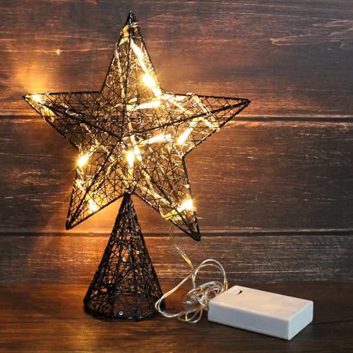 Black Tree Top Star with Warm White LED Lights and Timer for Christmas Tree Toppper Ornaments and Holiday Seasonal Décor