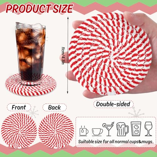 Christmas Cotton Coasters Red Green Peppermint Candy Handmade Braided Drink Coasters Absorbent Cup Mats for Xmas Holiday Party Home Table Decor (4 Count)