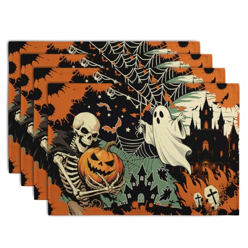 Halloween Skeleton Ghost Placemats Set of 4 12x18 Inch Spooky Pumpkin Bat Table Mats Vintage Rustic Farmhouse Place Mats for Party Kitchen Dining Decor (4 Count)