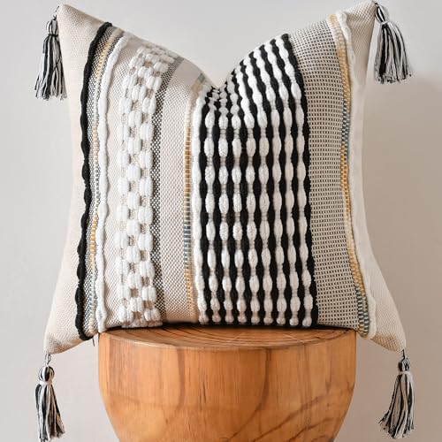 Chenille Striped Textured Boho Throw Pillow Covers Aesthetic with Tassels Woven Decorative Pillow Case for Couch Bed Sofa Bedroom Modern Funky 18 x 18