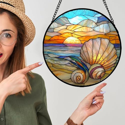 Ocean Stained Glass Window Hanging Suncatcher Beach Gifts for Women 9.8"