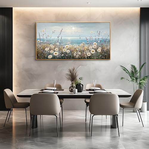 Large Canvas Wall Decor For Living Room Restaurant Wall Art For Bedroom Office Mural Blue Ocean Painting Flowers Watercolour Wall Pictures Printing Artworks Home Decor Wood Framed 24x48In