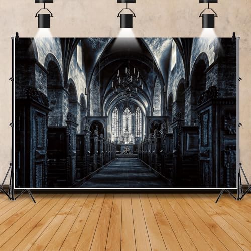 10x8ft Scary Church Halloween Backdrop Dark Black Horror Gothic Medieval Castle Interior Photography Background Halloween Night Carnival Theme Party Decor Banner Photo Studio Props