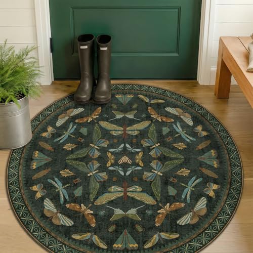 Vintage Dark Green 4ft Round Small Rug for Entryway Indoor (16 Sq Ft)