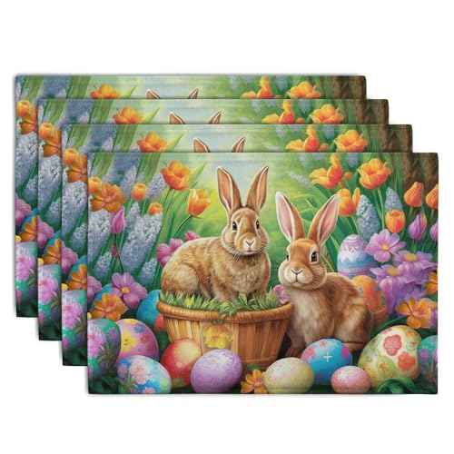 Easter Rabbits Eggs Placemats Set of 4 Easter Bunny Tulip Flowers Table Place Mats Seasonal Farmhouse Spring Holiday Table Mat for Party Kitchen Dining Outdoor Indoor Decor