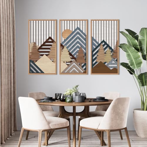 Large Mountain Wood Wall Art 16"x32"x3 Abstract Forest Wall Sculpture Geometric Boho Sunset Wilderness Artwork for Bedroom Living Room Office