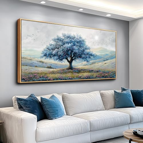 Large Wood Framed Wall Decor For Living Room Canvas Wall Art For Office Modern Wall Decorations For Bedroom Blue Tree Landscape Painting Farmhouse Pictures Artwork Home Decor 24x48 In