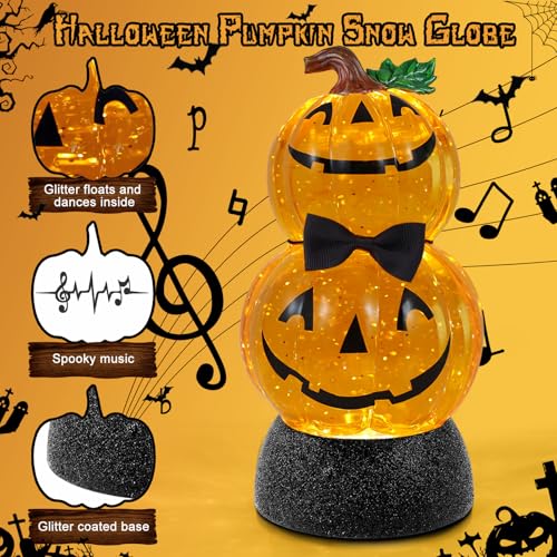 Halloween Snow Globe Lantern Lighted Pumpkin Musical Snow Globe Glitter with 6H Timer Battery and USB Operated Halloween Snow Globes Water Lantern for Spooky Festival Party Decoration