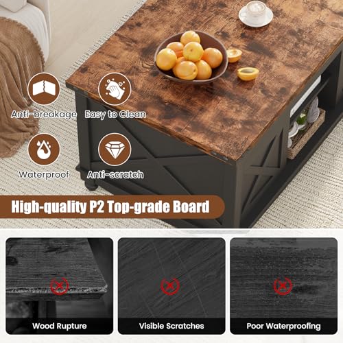 48" Farmhouse Lift Top Coffee Table with Storage Sliding Barn Door & Large Hidden Compartment