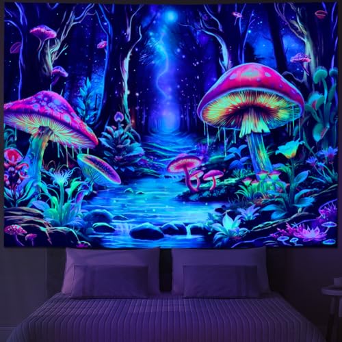 Blacklight Mushroom Tapestry Fantasy Forest Tree Tapestries UV Reactive Floral Plant Tapestries Neon Glow in The Dark Tapestry Wall Hanging for Bedroom Aesthetic Decor