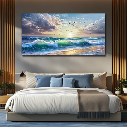 Canvas Wall Art For Living Room Wall Decor For Bedroom Restaurant Modern Office Home Decorations Seaside Landscape Painting Printing Pictures Artworks Poster Mural Ready To Hang 24"X48"