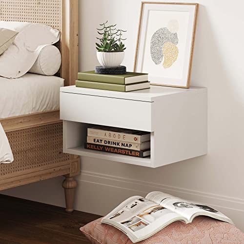 Jackson Wall Mounted Floating Bedroom Nightstand with Storage Drawer and Modern Open Shelf Cubby