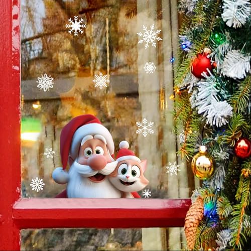 Christmas Window Clings for Glass 1 Sheet Santa Window Decals with Cat Designs Window Stickers Cute Windows Cling for Winter Party Supplies Home School Office Glass Decorations
