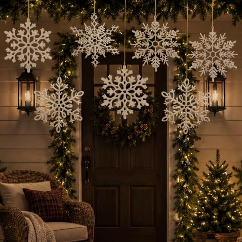 12pcs Large Champagne Gold Snowflakes Ornaments 12” Big Plastic Glitter Snowflake for Winter Indoor Outdoor Christmas Tree Window Room Decorations Giant Craft Snowflakes (12 Count)