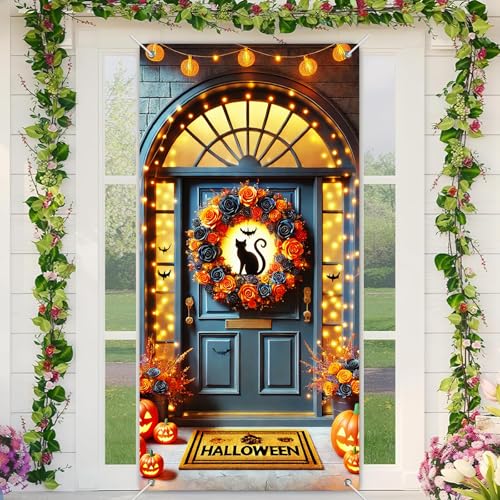 Halloween Door Cover Black Cat Rose 35x71 Inch Polyester