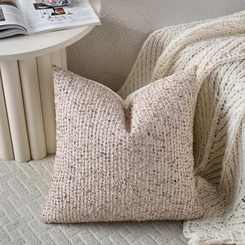 Striped Throw Pillow Covers 20x20 Set of 2 Beige Textured Boucle Chic Morden Boho Accent Farmhouse Square Decorative Couch Pillow Covers for Home Decor Bed Sofa Living Room (2 Count)