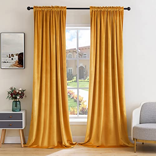 Mustard Yellow Blackout Velvet Curtains Drapes 72 Inch Long 52"x72" (2 Count)
