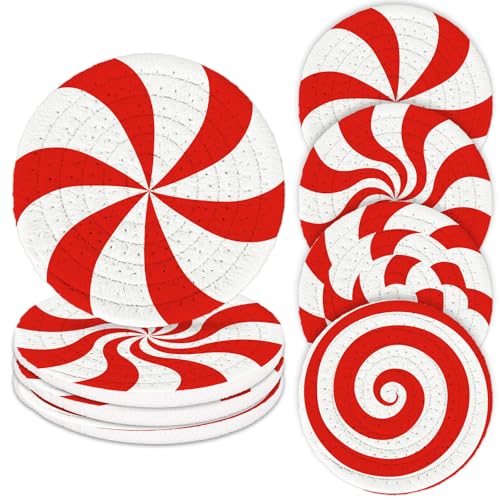 Christmas Candy Cotton Coasters Red White Peppermint Handmade Braided Drink Coasters Absorbent Cup Mats for Xmas Holiday Party Home Table Decor (4 Count)