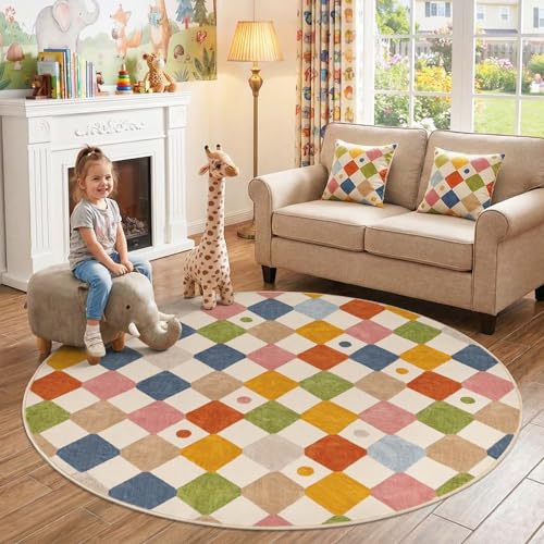 6ft Kids Round Rug Washable Colorful Checkered Classroom Rug (28.27 Sq Ft)