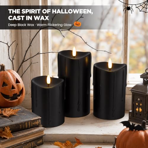 Black Real Wax Dripping Halloween Flameless Pillar Candles with Remote (3 Count)