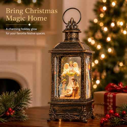 Christmas Snow Globe Swirling Glittering Angel & Nativity Scene with Music