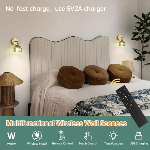 Battery Operated Vintage Wall Sconces with Green Tulip Glass Lampshade Battery Powered Wall Lighting for Bedside Bedroom Doorway