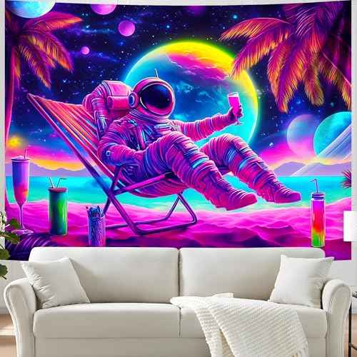 Blacklight Space Astronaut Tapestry UV Reactive Galaxy Planet Glow in Dark Tapestries Black Light Poster Neon Wall Hanging Art for bedroom Living Room
