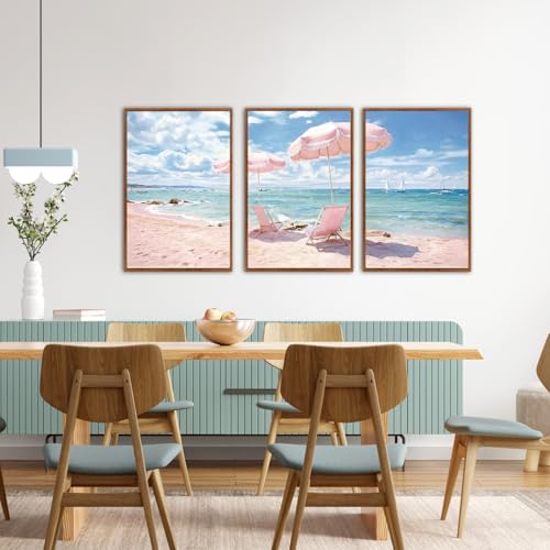 KAlRNE Pink Coastal Framed Art Prints Ocean Canvas Wall Art Set (3 Count)