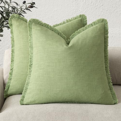 Decorative Linen Fringe Throw Pillow Covers 20×20 Lime Green (2 Count)