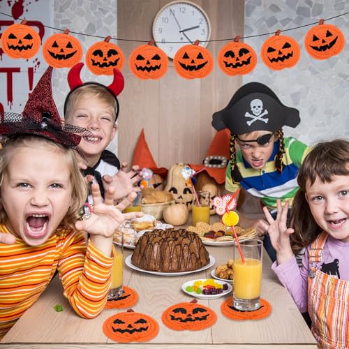4Pcs Halloween Pumpkin Handmade Braided Cotton Coasters Orange Black Pumpkin Shape Drink Coasters Absorbent Cup Mat for Home Office Party Decor (4 Count)