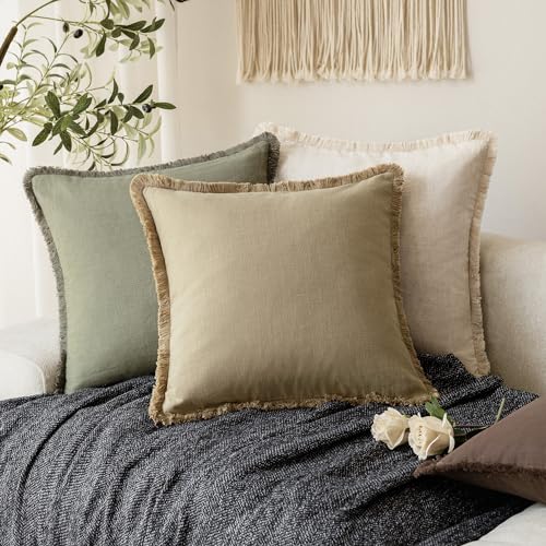 Decorative Linen Fringe Throw Pillow Covers 18×18 Light Khaki (2 Count)