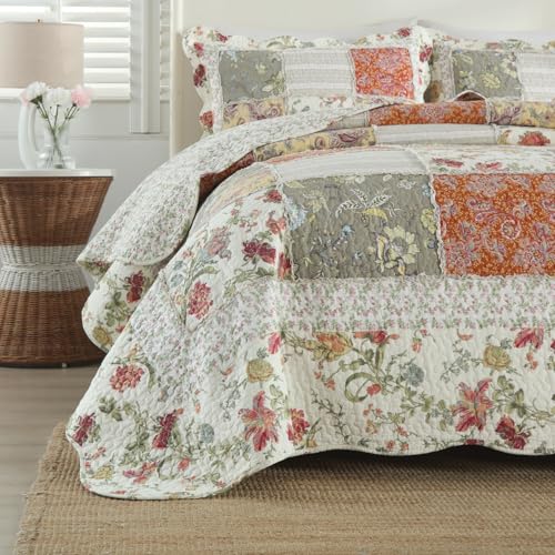 3 Piece Quilt Set Queen Size Quilted Bedspread Reversible Country Style Floral Real Patchwork Bedding Quilt Set with Ruffles with Pillowcases for All Seasons