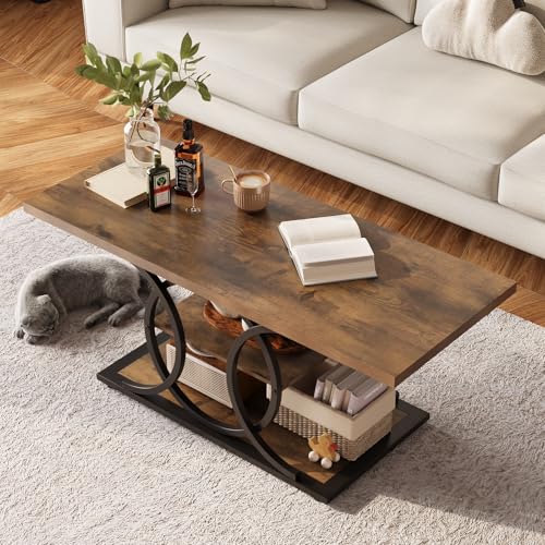 Rustic Coffee Table with Storage Industrial 3 Tier Center Living Room Table Farmhouse Wooden Rectangle Cocktail Tea Table for Office Bedroom Elegant Full Moon Round Metal Frame