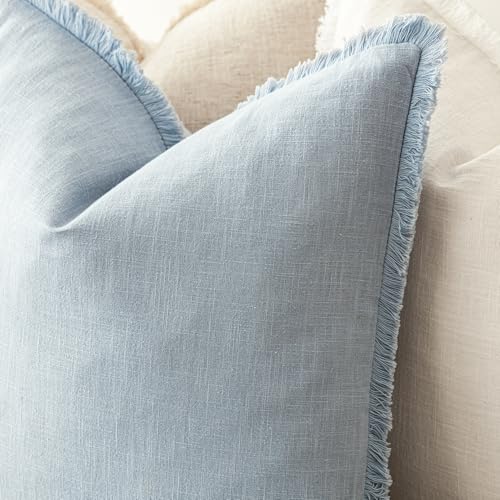 Boho Linen Fringe Lumbar Throw Pillow Covers 12×24 Sky Blue (2 Count)