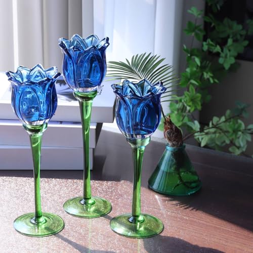 Blue Flower Tealight Candle Holder Set of 3