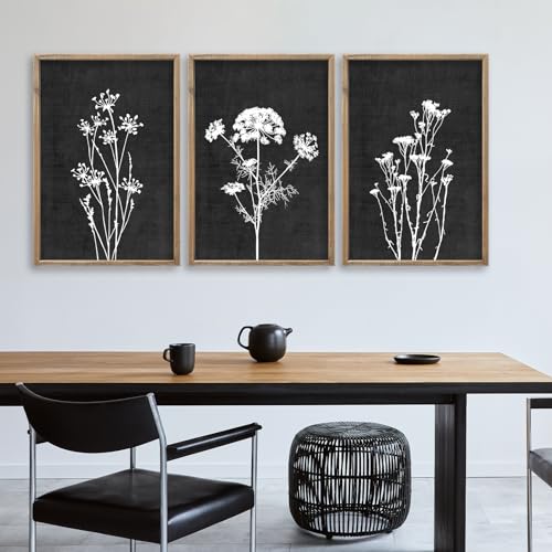 Flower Plant Wall Art Decor 16"x11" Set of 3 Black And White Wood Black