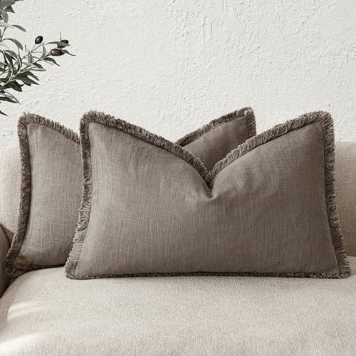 Boho Linen Fringe Lumbar Throw Pillow Covers 12×24 Light Coffee (2 Count)