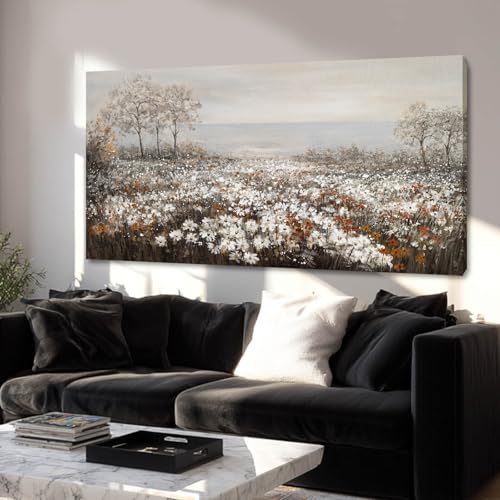 Farmhouse Decor Tree and Ocean Wall Art White Flowers Vintage Artwork 24"x48" Grey Pictures Wall Decor for Dining Room Bedroom Office