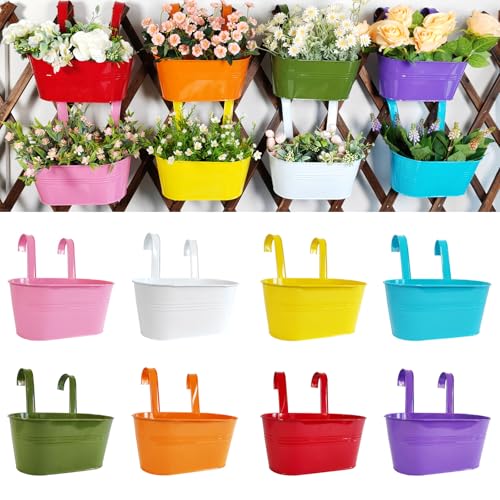 8 Pack 10" Colorful Metal Bacony Railing Planter for Outdoor Planters (8 Count)
