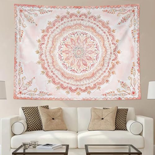 Boho Floral Mandala Tapestry Wall Hanging Pink Bohemian Flower Medallion Tapestry Aesthetic Watercolor Hippie Indian Small Tapestries for Bedroom Living Room Dorm Decor 60 x 44 Inch