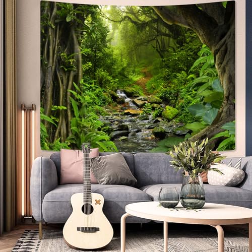 Green Rainforest Tapestry Nature Forest Tapestry for Bedroom Aesthetic Misty Tropical Jungle Trees Flowing Stream Landscape Tapestries Wall Hanging for Living Room Dorm 48 x 36 Inch