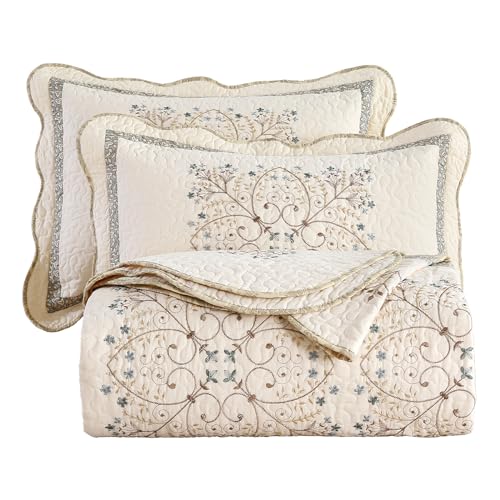 Elegant Embroidered Quilt Set Farmhouse Patchwork Full