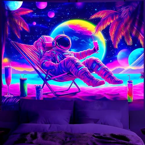 Blacklight Space Astronaut Tapestry UV Reactive Galaxy Planet Glow in Dark Tapestries Black Light Poster Neon Wall Hanging Art for bedroom Living Room