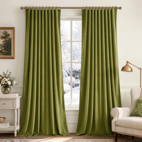 Moss Green Velvet Pinch Pleat Blackout Curtains W52 X L84 Inches