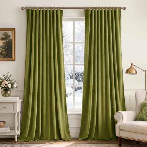 Moss Green Velvet Pinch Pleat Blackout Curtains W52 X L108 Inches