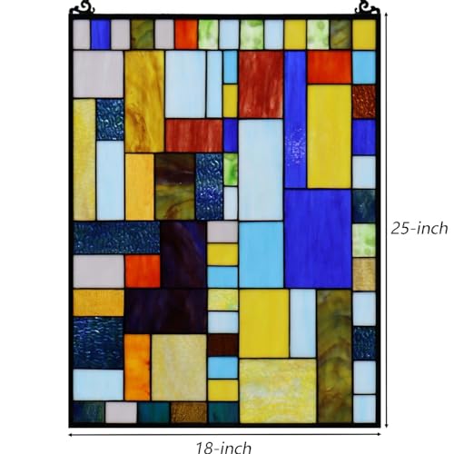 Geometric Color Block Tiffany Style Stained Glass Window Panel with Hanging Chain