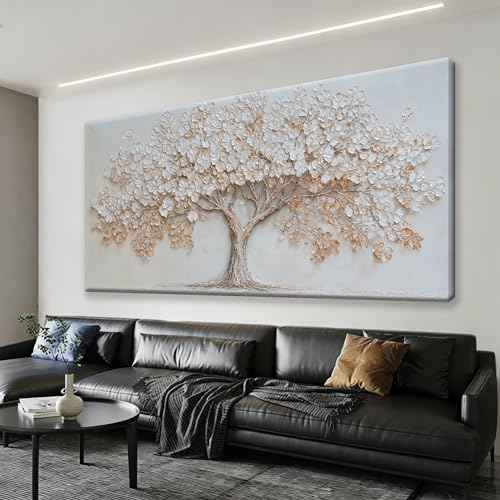 Large Canvas Wall Art Decor Beige Textured Tree of Life Canvas Art Wall Decor For Living Room Modern Decor Nature Botanical Tree Canvas Prints Artwork For Walls Bedroom Home Office Decor 24×48 Inch